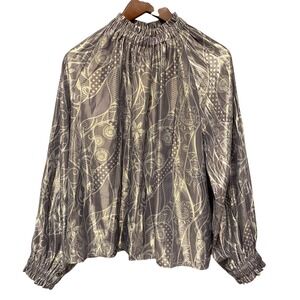 Marie Oliver Silver Metallic Print Mock Neck Blouse Large Y2K Year End Chic Glam